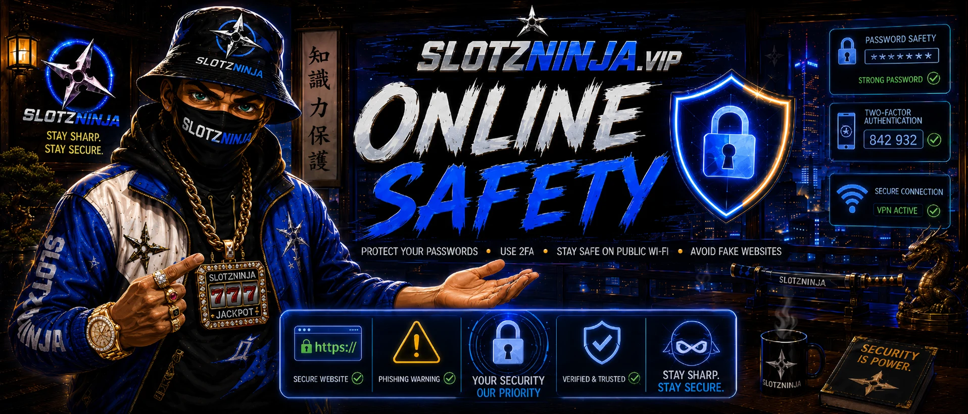 Slotzninja Online Safety — Protect your passwords, use 2FA, stay safe on public Wi-Fi, avoid fake websites