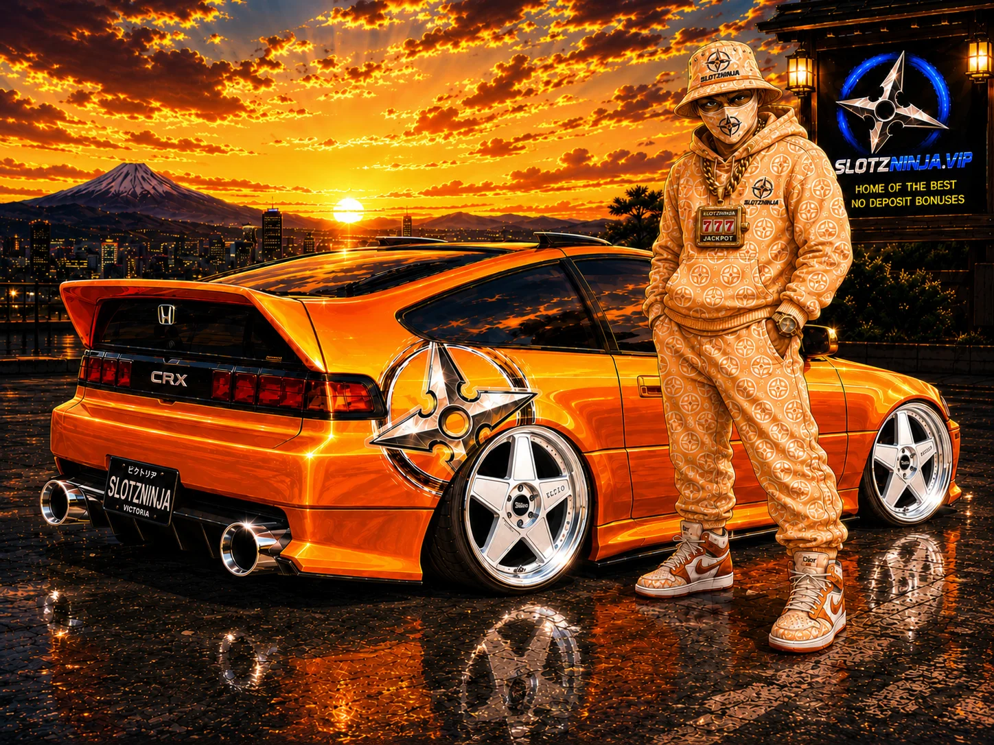 Slotzninja with Honda CRX at sunset