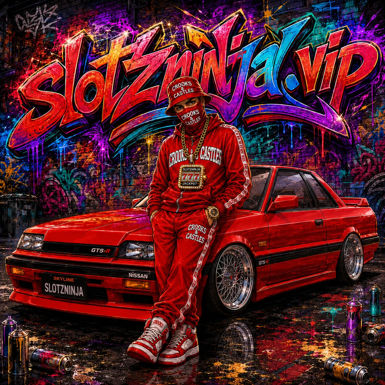 Slotzninja street art mural with skyline GT-S