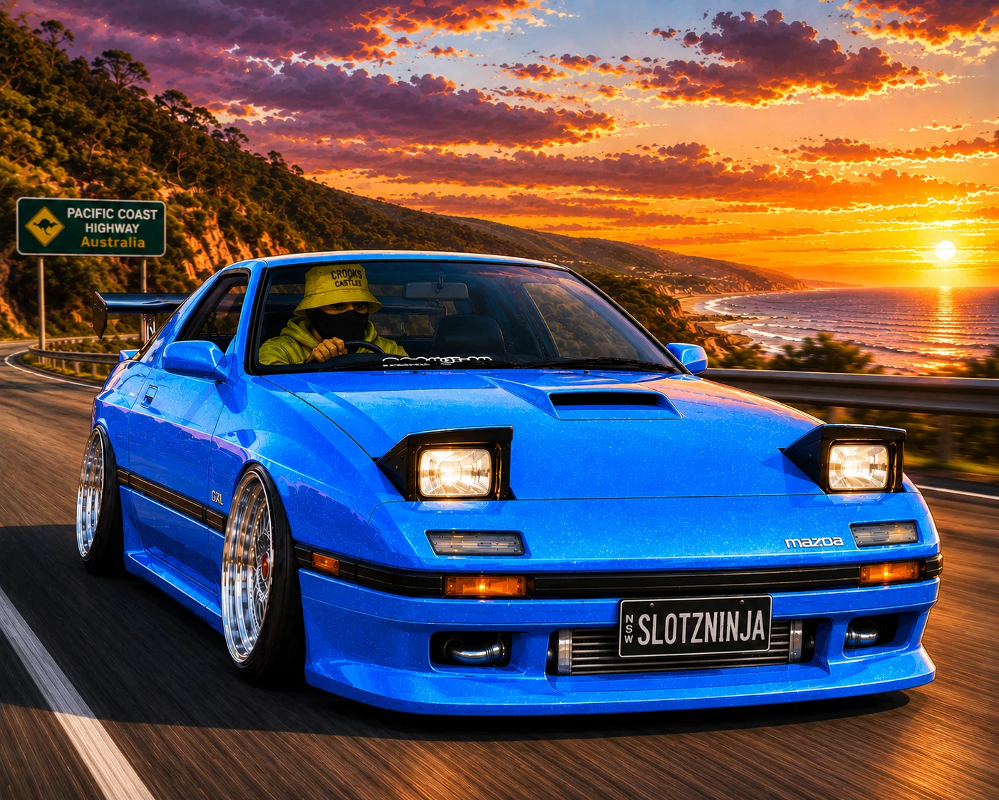 Slotzninja RX7 on the Pacific Coast Highway