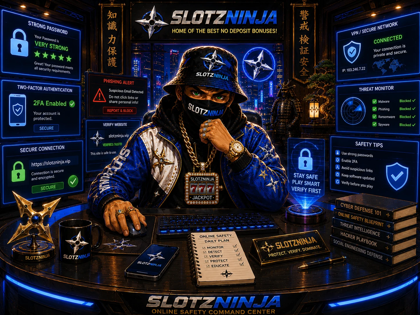 Slotzninja Online Safety Command Center — password strength, 2FA, secure connection and threat monitoring